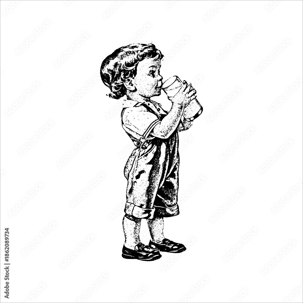 Fototapeta premium Vintage illustration of child drinking from cup
