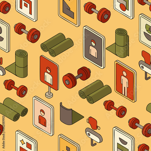 Isometric gym equipment and signage pattern, including dumbbells, yoga mats, and restroom icons, on a warm yellow background.