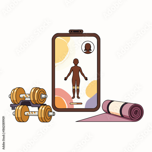 Digital health and fitness tracking app on smartphone with dumbbells, yoga mat, and exercise equipment, illustrating a healthy lifestyle.