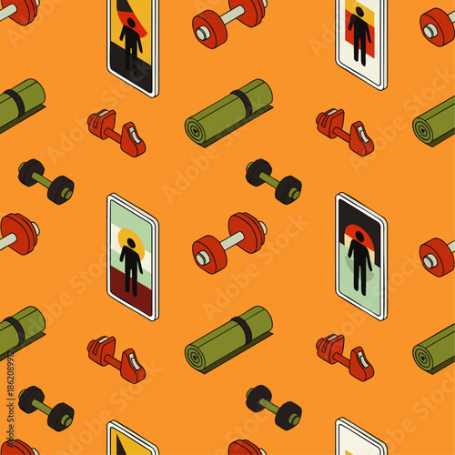 Seamless isometric pattern of gym equipment and fitness icons on an orange background, representing health and active lifestyle.