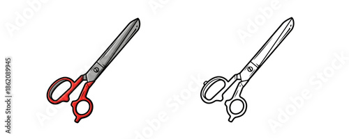 Professional tailor scissors in cartoon and outline styles with red handles and silver metal blades for sewing or office craft work on a plain white background