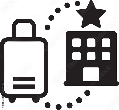 Route dots connecting suitcase and hotel shapes symbolizing travel itinerary planning icon