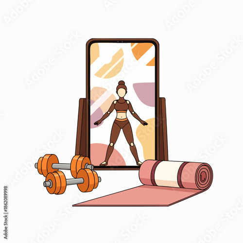 Digital fitness and home workout illustration: Woman exercising on a smartphone screen with dumbbells and yoga mat for online wellness.