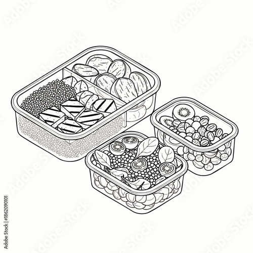 Black and white line art illustration showcasing healthy meal prep containers filled with a variety of nutritious foods for balanced eating and packed lunches.