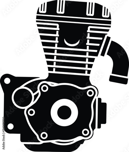 Black silhouette vector illustration of a single cylinder motorcycle engine with cooling fins and exhaust, ideal for mechanic shop logos and automotive engineering design.