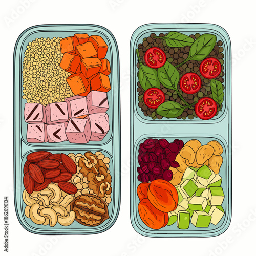 Top view of two healthy meal prep containers filled with plant-based ingredients, grains, nuts, fresh vegetables, and dried fruits for a balanced diet.
