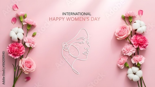 Happy women's day greeting with beautiful pink and white flowers bouquet
