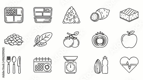 Healthy food and diet line icons set. Nutrition, meal planning, weight loss, fresh produce, and fitness symbols for web and mobile apps.