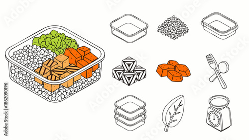 Isometric illustration of healthy meal prep container with diverse food ingredients and individual icons for balanced diet planning and healthy lifestyle.
