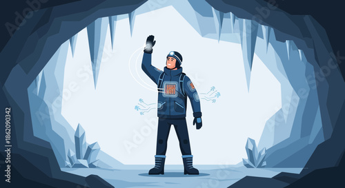 Futuristic explorer in icy cave sends data via advanced wearable technology system