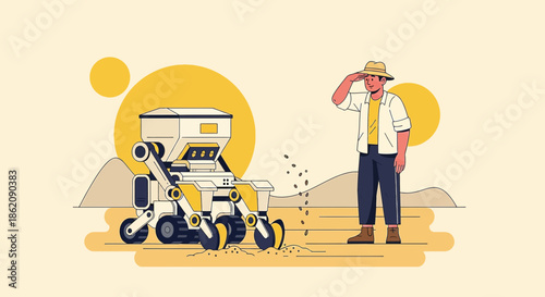 Futuristic farming concept with robotic planter and a modern farmer under a bright sunlit sky