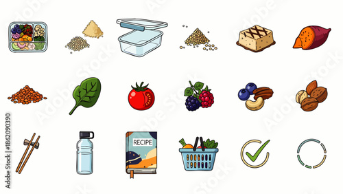 Healthy food icons: fresh ingredients, meal prep container, recipe book, and shopping basket for healthy eating and lifestyle
