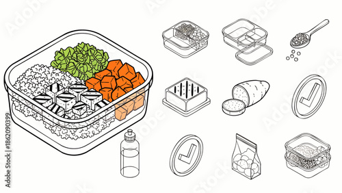 Isometric illustration of a healthy meal prep lunchbox with ingredients and accessories, healthy eating concept