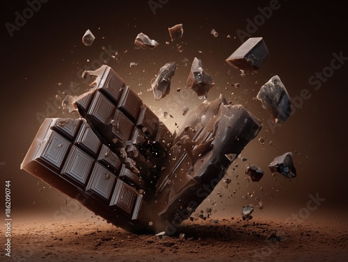 A photorealistic rendering of a dark chocolate bar dramatically breaking apart, with pieces and cocoa powder exploding and suspended in the air against a rich brown background.