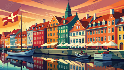 Very beautiful vibrant Danish flag waving above colorful historic buildings along Nyhavn harbor in Copenhagen, Denmark, reflecting national pride, maritime heritage, and lively Scandinavian city atmos