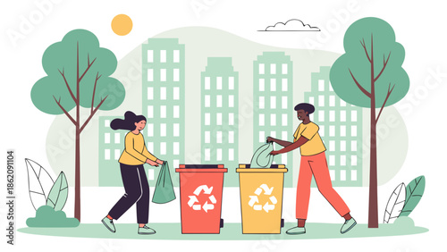 A young couple in love walks through the city park near a fashion building while a family and child enjoy the sunny town street in this vector illustration