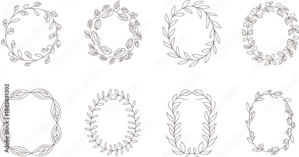 Fototapeta premium Six Different Floral Wreath Drawn in Black and White line leaves flowers