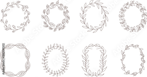 Six Different Floral Wreath Drawn in Black and White line leaves flowers