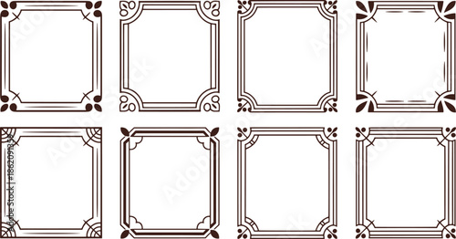 Eight ornate black and white decorative frames with floral and geometric corner
