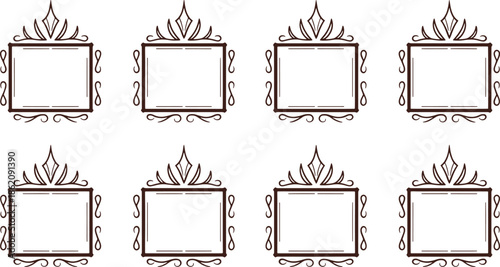 Seven ornate decorative frames with intricate and empty spaces in the center