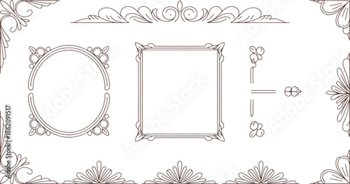 Ornate black and white decorative frames and floral on a white background