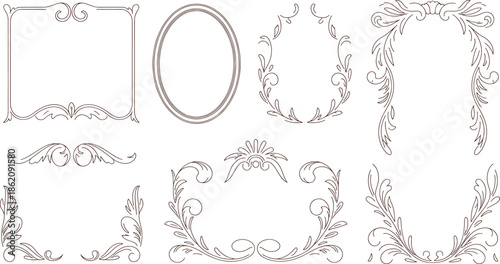 Ornate black and white decorative frames and floral patterns on white background