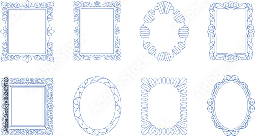 Six ornate blue frame outlines with intricate floral and geometric patterns frames