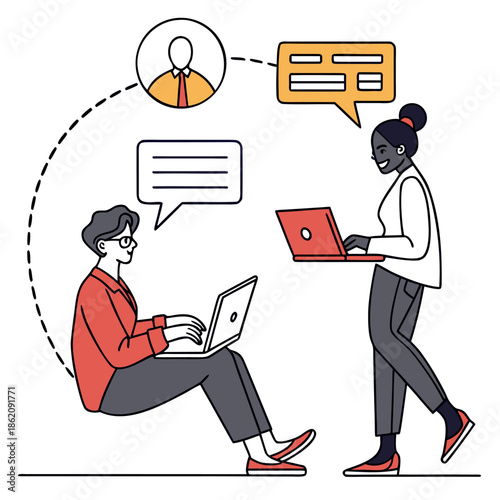 Flat Vector Illustration of Two Business People Collaborating Online