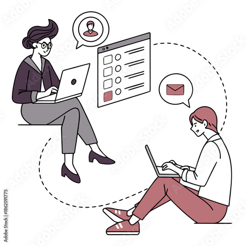 Flat Vector Illustration of Two Business People Collaborating Online