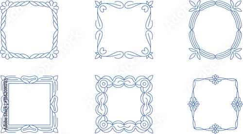 Six decorative frames with floral and leaf patterns in blue ink on white background