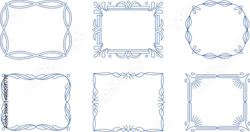 Six Blue Ornamental Frames with Various Decorative Patterns