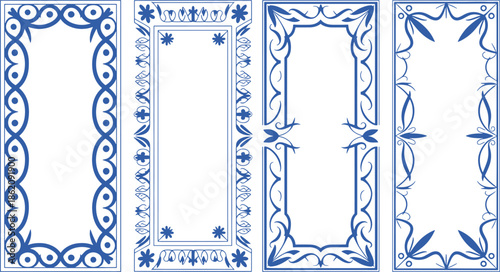 Three decorative blue floral and vine border frames on white background