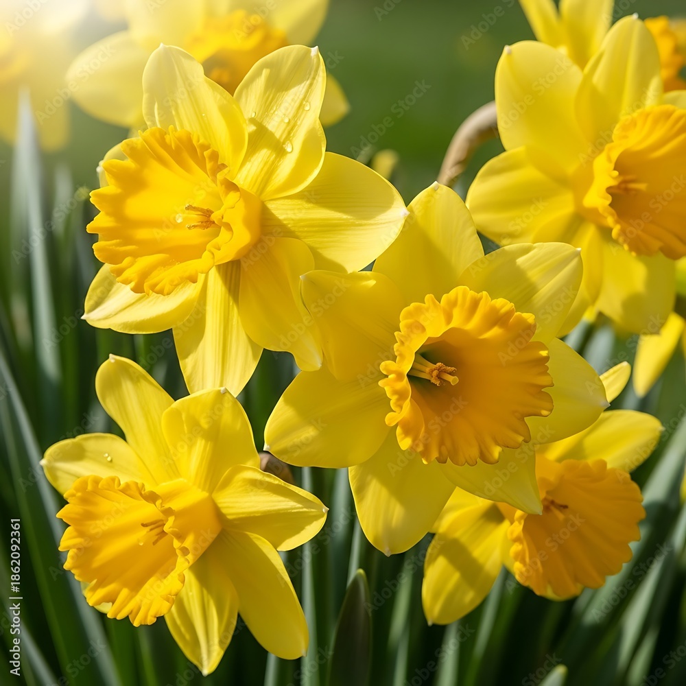 Fototapeta premium Vibrant Yellow Daffodils Blooming in Springtime Sunlight.