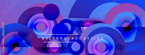 Abstract geometric shapes, vibrant blues, purples create modern background. Overlapping circles, curves suggest depth, movement. Design feels dynamic, stylish.