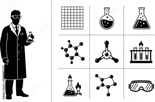 Chemistry lab illustration, scientific experiment icons, black and white vector, molecular structure, conical flask, safety goggles, laboratory tools, science education