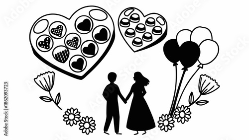 Couple holding hands surrounded by flowers and hearts with balloons in a celebratory atmosphere