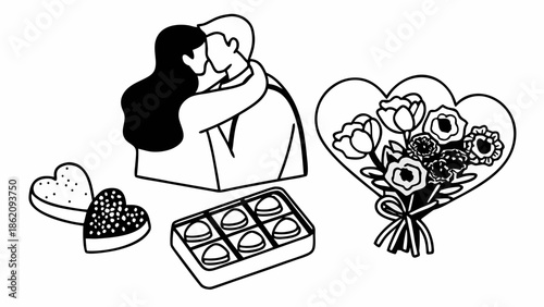 Couple embracing surrounded by hearts, flowers, and chocolates in a romantic illustration