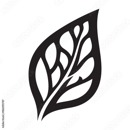 Graphic illustration of a single stylized leaf with organic vein pattern