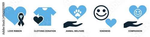 Set of charity donation icon vector for fundraising apps. Ideal for philanthropy, volunteering, giving money, food drives, and non-profit organization symbols.