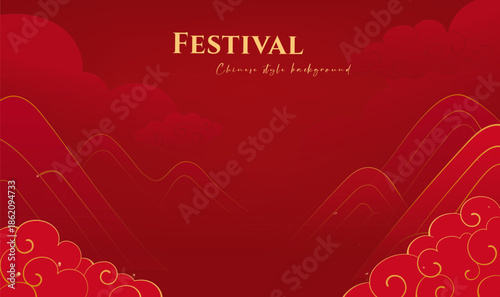 Red Chinese style festival banner landscape clouds background