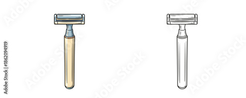 Classic safety razor in cartoon and outline styles with beige handle and metal head for personal shaving and skin care routine on a plain white background