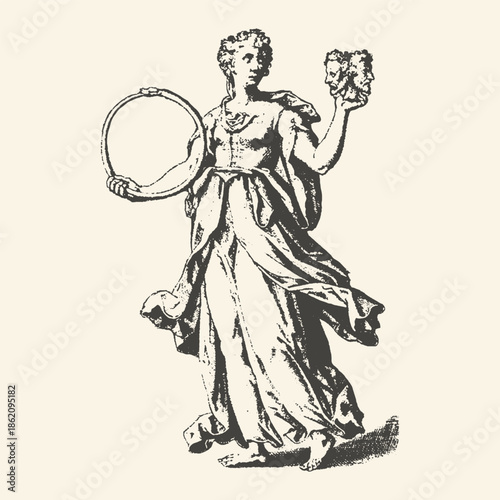 Vintage Engraving of an Allegorical Female Figure Holding a Mirror and Theatrical Masks in Classical Greek Style Woodcut Illustration