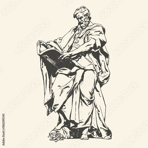 Vintage Classical Illustration of an Elderly Philosopher Reading a Book with Coins at His Feet, Stoic Scholar or Saint Matthew Portrait in Woodcut Style, Monochrome Art for History and Philosophy