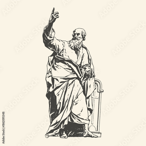 Vintage Engraving Style Illustration of an Ancient Greek Philosopher or Biblical Apostle Pointing Upward, Classical Scholarly Figure in Robes with Stone Tablet and Cross