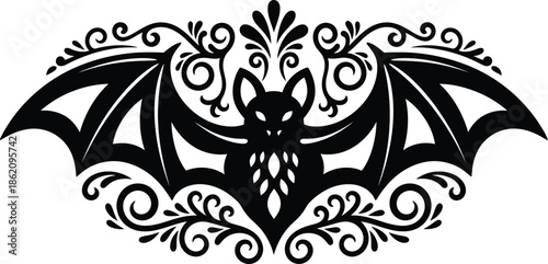 Bat silhouette with spread wings surrounded by intricate floral filigree patterns and scrollwork for mystical and gothic art projects.