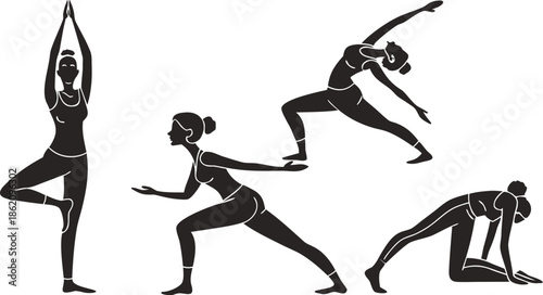 Yoga Poses Woman Silhouette, Set Isolated Over White Background.

Yoga Woman in Meditation Sitting in Lotus Pose Female Meditating.
 vector illustration set of female yoga poses in silhouette style.