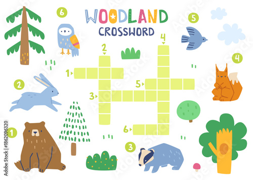 Cartoon crossword with forest animals. Cute woodland animals crossword for kids.
