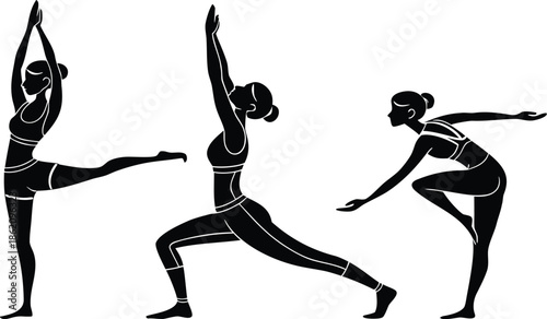 Yoga Poses Woman Silhouette, Set Isolated Over White Background.

Yoga Woman in Meditation Sitting in Lotus Pose Female Meditating.
 vector illustration set of female yoga poses in silhouette style.