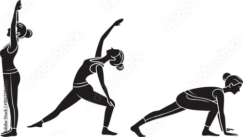 Yoga Poses Woman Silhouette, Set Isolated Over White Background.

Yoga Woman in Meditation Sitting in Lotus Pose Female Meditating.
 vector illustration set of female yoga poses in silhouette style.