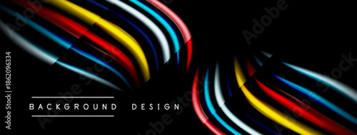 Abstract colorful layers create dynamic flow. Black background emphasizes vibrant curves, modern design element.